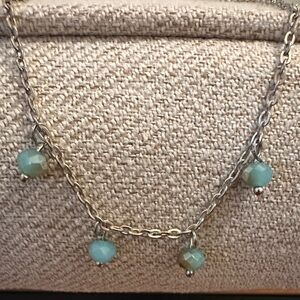 Hand Crafted Boho Dainty Girl Silver Necklace with Aqua Dangle Beads
